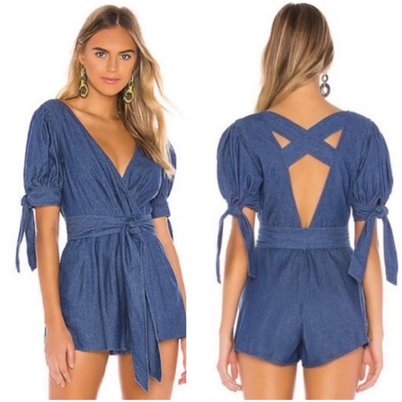 C/MEO Collective Pants - C/MEO Collective Kind to you Romper Puff Sleeve Cross Back Romper in Indigo